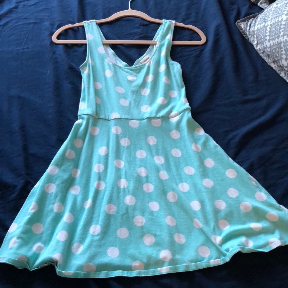 Light blue dress w/ large white polka dots